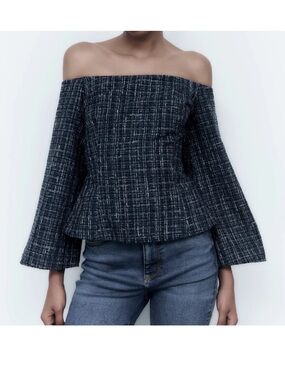 Zara Off-Shoulder Tweed Top in Navy and White